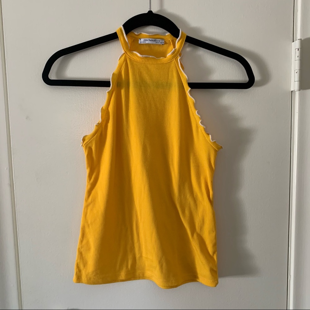 Zara yellow high neck top w white ruffle trim